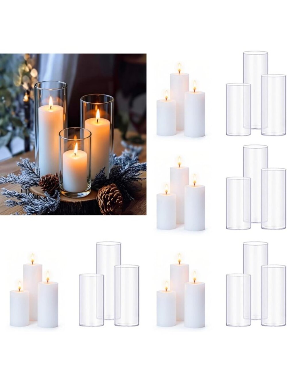 24 White Pillar Candles & Glass Holders Set - Elegant Decor for Weddings